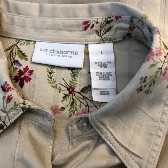 Button Down Tan Pink Floral Long Sleeve Career Top - Picture 4 of 8